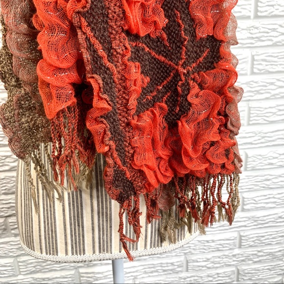 5/$25 Ruffled Floral Scarf Orange Brown Silver - Picture 4 of 8